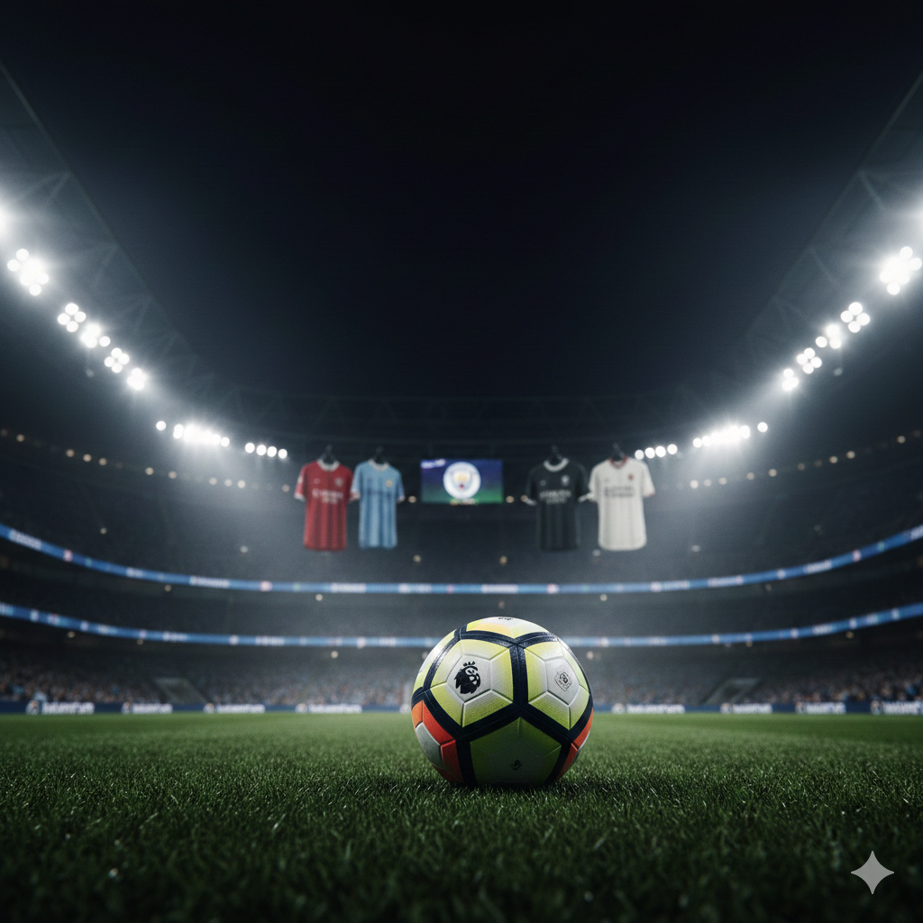 A high-energy cinematic wide shot of a modern Premier League stadium at night under bright floodlights. In the foreground, a professional soccer ball with the official league design sits on the lush green grass. In the blurred background, iconic jerseys of top teams like Arsenal, Manchester City, and Liverpool are visible. The atmosphere is electric with a slight mist in the air, using a color palette of deep stadium blues, vibrant grass green, and glowing white lights to evoke the excitement of a midweek matchday.