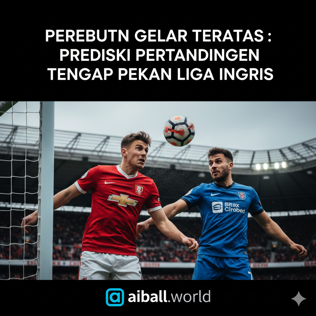 An intense action shot capturing the competitive spirit of the English top flight. Two generic football players in contrasting red and blue kits are seen competing for a header near the goalposts. The focus is sharp on the players' determined expressions, with water droplets spraying off the ball. The composition uses a dynamic low-angle shot to emphasize the scale of the stadium and the intensity of the struggle for the top four spots, featuring cinematic lighting and rich, saturated colors.