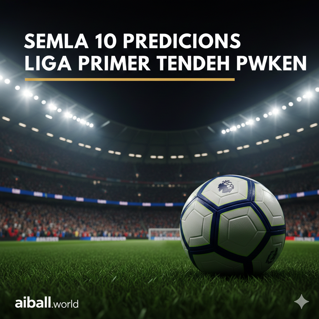 A dynamic high-angle shot of a modern English football stadium at night under bright floodlights. In the foreground, a professional soccer ball with the Premier League logo sits on the lush green grass. The background shows a blurred stadium filled with fans wearing various team colors like red, blue, and white, creating a vibrant atmosphere. The lighting is cinematic with deep shadows and brilliant highlights, using a color palette of emerald green, royal blue, and stark white to convey the excitement of a midweek matchday.