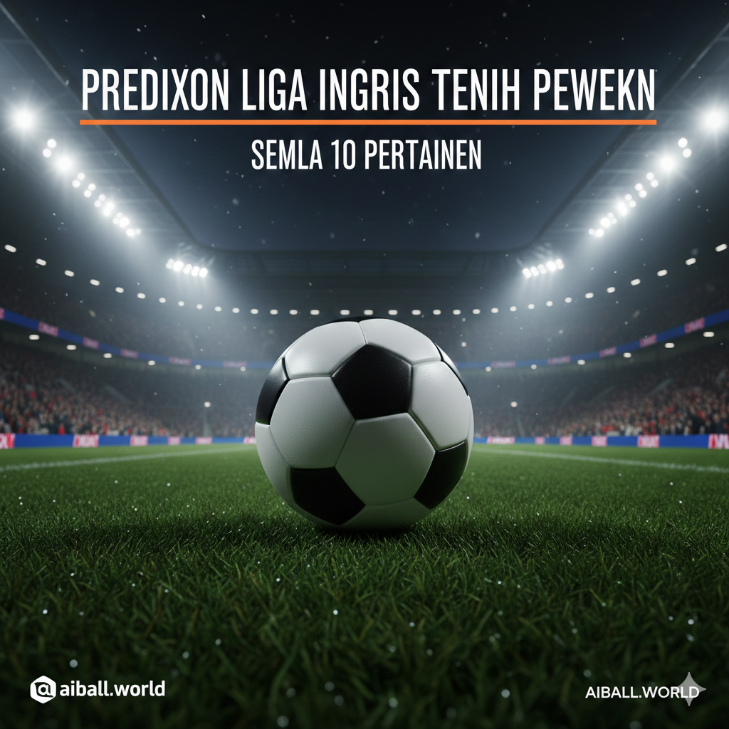 A wide-angle cinematic shot of a modern English football stadium at night under bright floodlights. In the center, a high-quality 3D rendered football rests on the lush green grass with dew glistening. The background features blurred silhouettes of passionate fans in the stands, with a mix of red, blue, and white team colors. The atmosphere is electric and dramatic, with light fog catching the stadium beams. High-contrast lighting, vibrant colors, and a shallow depth of field to emphasize the anticipation of a midweek matchday.