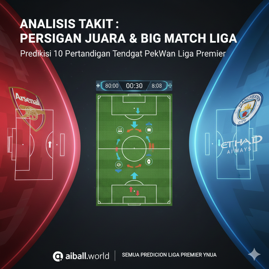 A professional sports graphic composition featuring abstract representations of top Premier League clubs. On one side, a subtle hint of Arsenal's red and white aesthetics, and on the other, Manchester City's sky blue palette. The image includes a digital scoreboard showing a generic match timer and tactical icons like arrows and heatmaps overlaid on a football pitch. The style is modern, sleek, and analytical, suitable for a sports betting and prediction website, using a cool color temperature with neon accents to represent data and strategy.