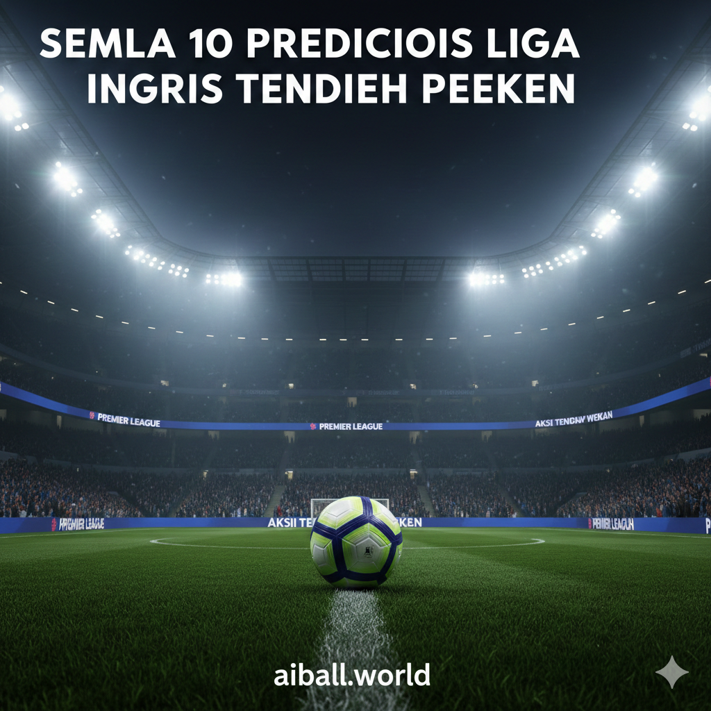 A high-energy cinematic wide shot of a modern Premier League stadium under bright floodlights during a misty evening. In the center, a professional soccer ball with the official league patterns sits on the lush green grass. The background features blurred silhouettes of passionate fans in the stands, with glowing digital advertising boards displaying 'PREMIER LEAGUE' and 'MIDWEEK ACTION'. The color palette is dominated by deep stadium blues, vibrant grass greens, and bright white light flares, creating a dramatic and prestigious atmosphere for the predictions article.