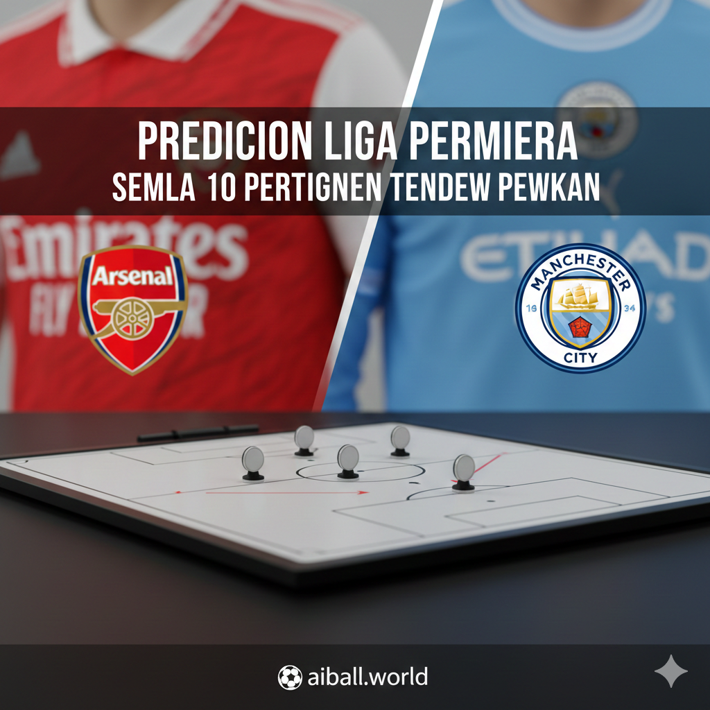 A split-screen style conceptual illustration representing the intense title race between major clubs like Arsenal and Manchester City. On one side, a blurred red and white jersey theme (Arsenal), and on the other, a sky blue theme (Man City). In the foreground, a sleek tactical whiteboard with magnetic player markers and strategic arrows pointing towards a goal, symbolizing the deep analysis and predictions. The lighting is sharp and professional, using high-contrast colors to emphasize the competitive nature of the midweek fixtures.