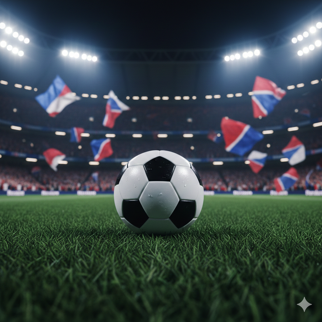 A dynamic and high-energy cinematic wide shot showcasing the intensity of English Premier League football. In the center, a high-quality 3D rendered football rests on a lush green grass pitch under bright stadium floodlights at night. The background features a blurred, crowded stadium with a mix of red, blue, and white motion-blurred fan flags representing various top teams. The lighting is dramatic with cool blue and vibrant orange tones to create a competitive atmosphere. High-definition details show blades of grass and water droplets on the ball, capturing the essence of a crucial midweek matchday.