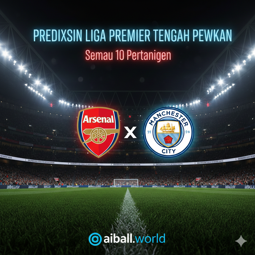 Sebuah gambar latar belakang stadion sepak bola Premier League yang megah di malam hari di bawah sorotan lampu stadion yang terang. Di bagian tengah, terdapat kolase artistik yang menampilkan logo Arsenal dan Manchester City yang dominan sebagai representasi tim papan atas. Gaya visualnya modern dan dinamis dengan efek pencahayaan neon berwarna biru dan merah, menciptakan atmosfer pertandingan besar yang penuh tekanan. Komposisinya menggunakan sudut pandang rendah (low angle) untuk memberikan kesan dramatis, dengan rumput hijau yang tajam dan sedikit efek bokeh di latar belakang untuk menonjolkan elemen judul.