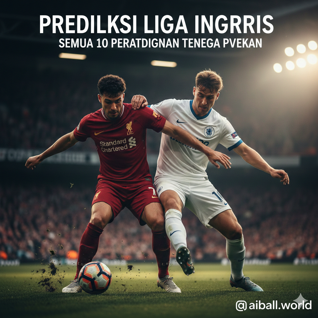 Gambar aksi sepak bola yang realistis dan sinematik yang menangkap esensi persaingan ketat di Liga Inggris. Fokus pada dua pemain (satu berbaju merah seperti Liverpool/Manchester United dan satu berbaju putih atau warna kontras) yang sedang berebut bola di tengah lapangan. Ekspresi pemain menunjukkan intensitas dan kerja keras. Pencitraan menggunakan gaya fotografi olahraga profesional dengan kedalaman bidang yang dangkal (shallow depth of field), warna-warna jenuh yang kuat, serta percikan rumput dan keringat yang terlihat detail untuk menambah kesan realisme dan aksi pada artikel prediksi.