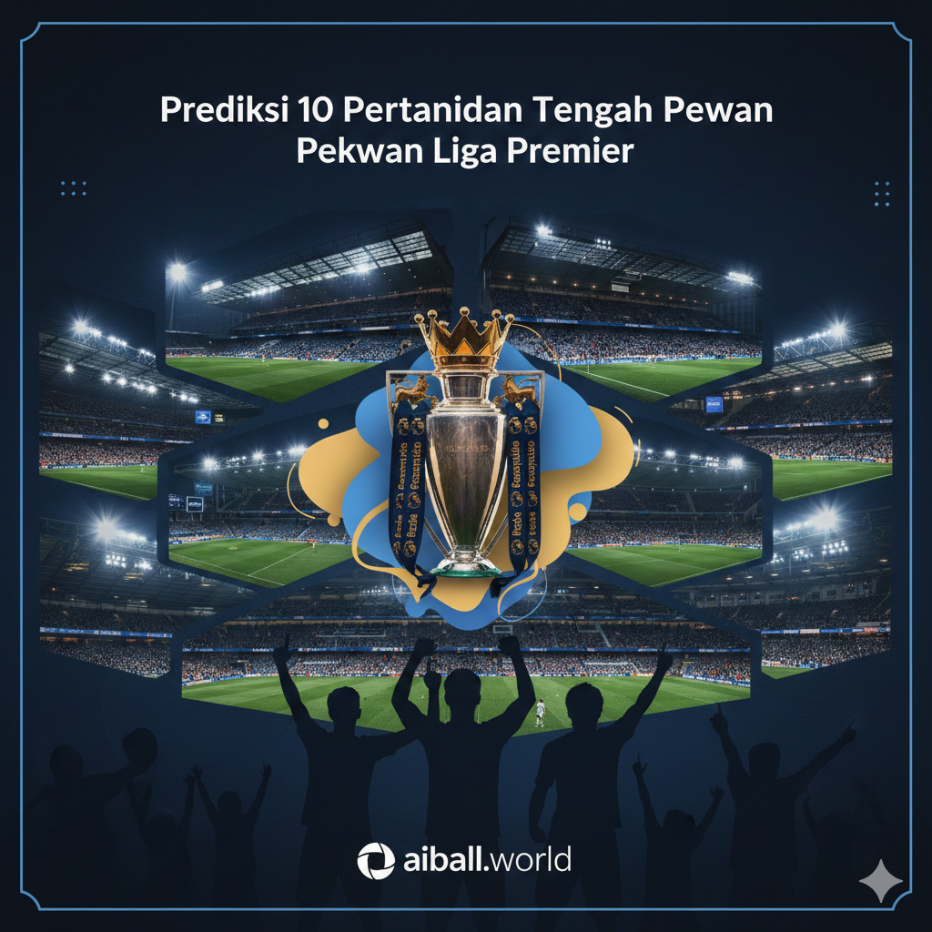 Sebuah komposisi visual dramatis yang menampilkan kolase stadion Liga Inggris di malam hari dengan pencahayaan lampu sorot yang megah. Di bagian tengah terdapat trofi Premier League yang bersinar, dikelilingi oleh elemen grafis abstrak berwarna biru dan emas. Fokus utama menunjukkan kegembiraan kompetisi papan atas, dengan siluet pemain sepak bola yang merayakan gol dalam bayangan. Gaya desain modern, sinematik, dengan palet warna dominan biru tua, emas, dan hijau rumput yang tajam untuk memberikan kesan prestisius.