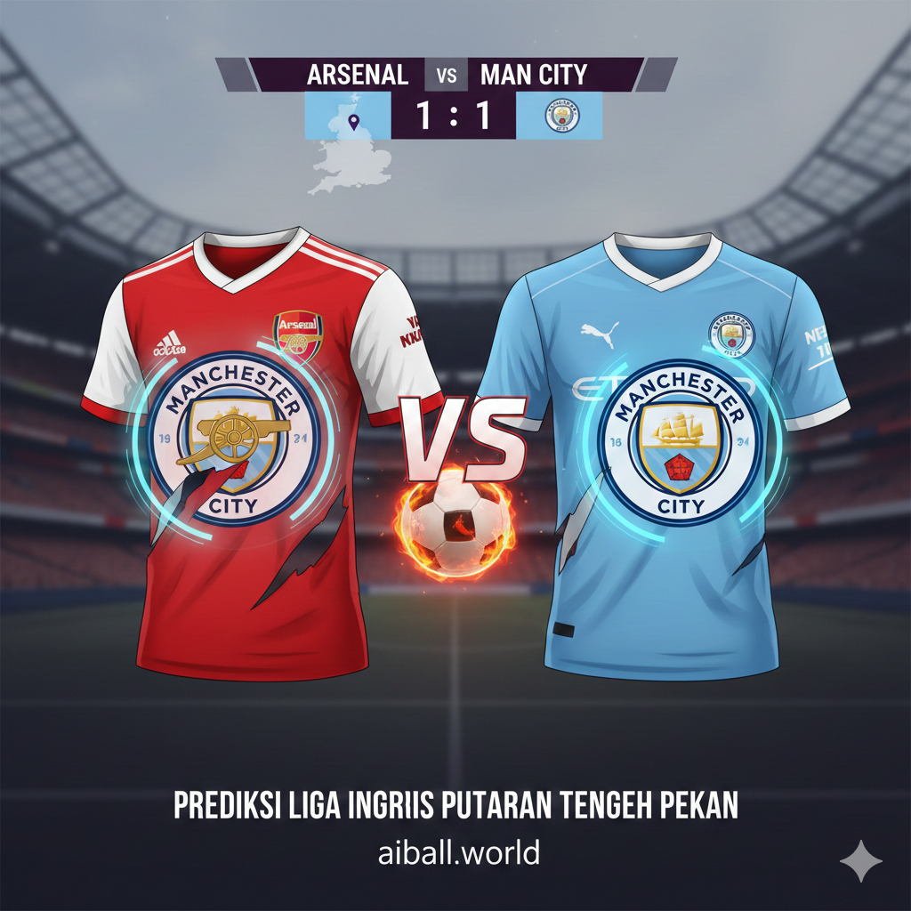 Ilustrasi grafis yang menggambarkan persaingan ketat di papan atas klasemen antara Arsenal dan Manchester City. Gambar menunjukkan jersey kebanggaan Arsenal yang berwarna merah-putih dan jersey Manchester City yang berwarna biru muda sedang berdampingan dalam komposisi 'vs' yang energetik. Latar belakangnya menampilkan papan skor digital yang buram dan peta lokasi stadion di Inggris. Pencahayaan fokus pada logo klub untuk memberikan kesan tensi kompetisi yang tinggi, dengan gaya ilustrasi digital yang bersih dan futuristik sesuai dengan target audiens aiball.world.