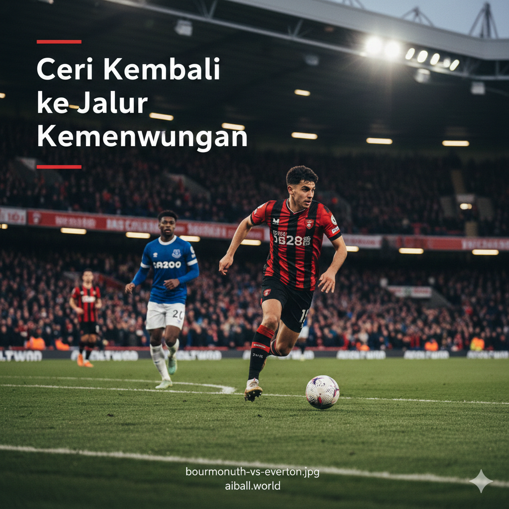 A high-intensity cinematic shot of a football match at Vitality Stadium during twilight. In the foreground, a Bournemouth player in a red and black striped kit is captured mid-sprint, dribbling a ball toward the goal. In the background, an Everton player in a blue kit is seen in pursuit. The stadium lights create a dramatic flare, with a vibrant crowd and lush green grass. The style is professional sports photography with dynamic motion blur, saturated colors, and a wide-angle composition that emphasizes the competitive atmosphere.