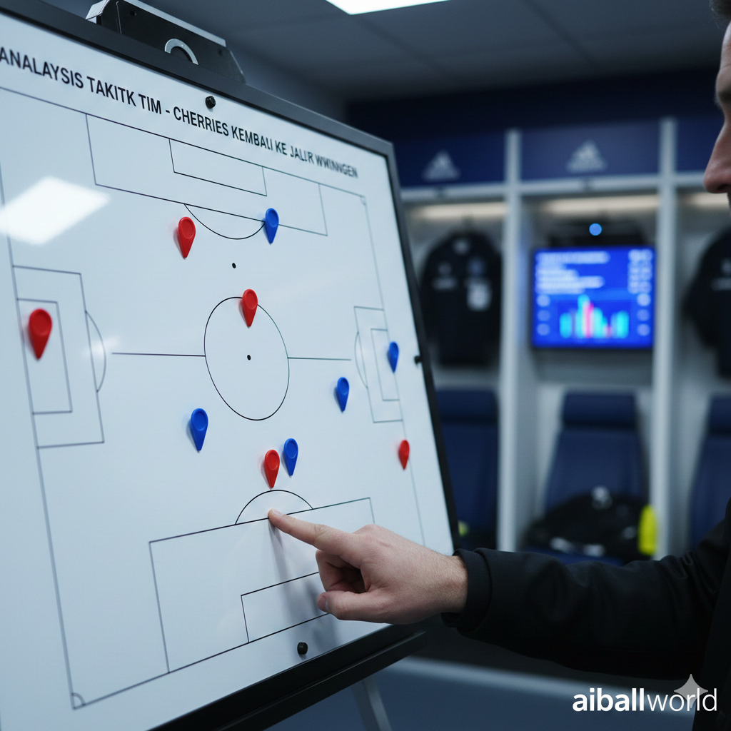 A focused close-up of a tactical coaching board featuring red and blue magnetic markers representing Bournemouth and Everton players. The background is a slightly blurred professional football locker room environment. A coach's hand is visible, pointing at a strategic formation. The lighting is cool and professional, with a shallow depth of field. The image incorporates elements of data and strategy, symbolizing the pre-match analysis and the impact of player absences mentioned in the article.