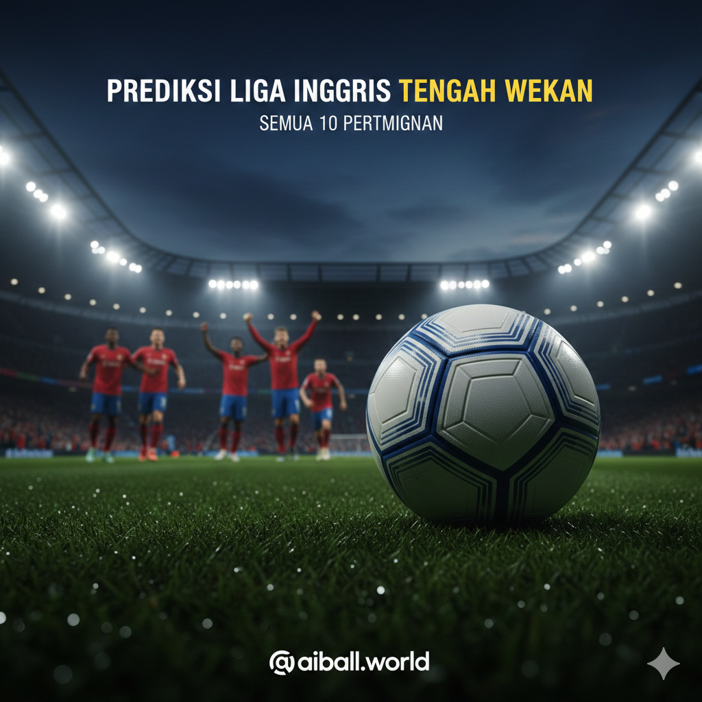 Pemandangan dramatis stadion Premier League modern di malam hari di bawah sorotan lampu stadion yang terang. Di latar depan, terdapat bola sepak desain modern yang diletakkan di atas rumput hijau yang sempurna dengan tetesan embun. Di latar belakang, siluet buram pemain sepak bola yang merayakan gol dalam balutan jersey merah dan biru. Komposisi menggunakan sudut rendah (low angle) untuk menciptakan kesan megah, dengan pencahayaan sinematik yang menonjolkan kontras antara hijaunya rumput dan birunya langit malam, memberikan atmosfer pertandingan pekan tengah malam yang intens.