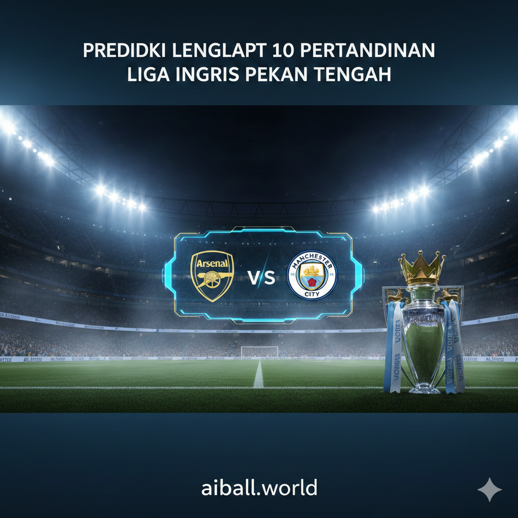 Pemandangan sinematik stadion Premier League yang ikonik di bawah lampu sorot malam hari yang dramatis. Di bagian tengah, terdapat grafik papan skor futuristik yang menampilkan logo Arsenal dan Manchester City untuk menunjukkan persaingan papan atas. Atmosfer stadion dipenuhi kabut tipis dengan palet warna biru elektrik dan emas yang mewah. Fokus tajam pada trofi Liga Inggris yang berkilau di pinggir lapangan, menciptakan kesan prestisius dan penuh ketegangan untuk prediksi pertandingan pekan tengah musim.