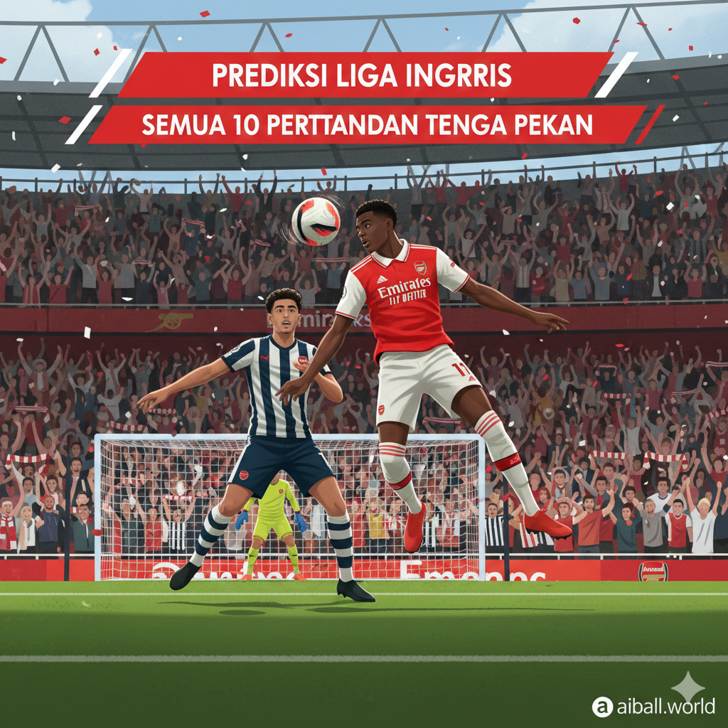 Ilustrasi aksi pertandingan sepak bola yang dinamis antara pemain Arsenal dengan jersey merah ikonik melawan pemain Brentford. Gambar diambil dari sudut rendah (low-angle) untuk memberikan kesan heroik. Latar belakang menunjukkan tribun Emirates Stadium yang penuh sesak dengan penonton yang merayakan gol. Pencahayaan fokus pada gerakan pemain, menggunakan teknik motion blur pada bola untuk menunjukkan kecepatan. Gaya visual modern dengan saturasi warna yang tinggi agar terlihat segar dan menarik bagi pembaca situs berita olahraga.