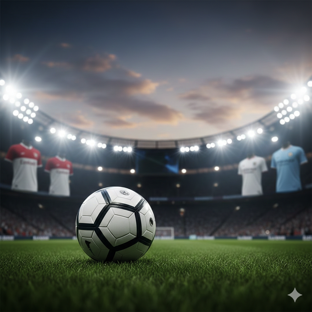 A dynamic cinematic shot capturing the essence of the English Premier League. In the foreground, a professional football rests on the lush green grass of a stadium at dusk, under bright floodlights creating a lens flare effect. In the blurred background, iconic jerseys from clubs like Arsenal, Man City, and Liverpool are visible. The color palette features vibrant greens, deep stadium shadows, and brilliant whites. The composition is a low-angle shot to evoke a sense of grandeur and anticipation for the midweek fixtures.