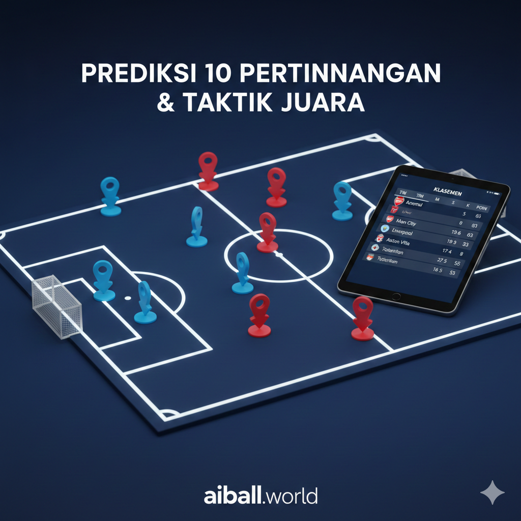 A high-quality digital illustration representing a football tactical board. It features glowing white lines of a pitch layout on a deep navy blue background. On the board, red and blue magnetic counters represent players in an intense formation. To the side, a digital tablet displays live league standings with Arsenal at the top. The style is modern, sleek, and analytical, using neon accents to highlight the strategic nature of the 10 upcoming matches. The lighting is focused and professional.
