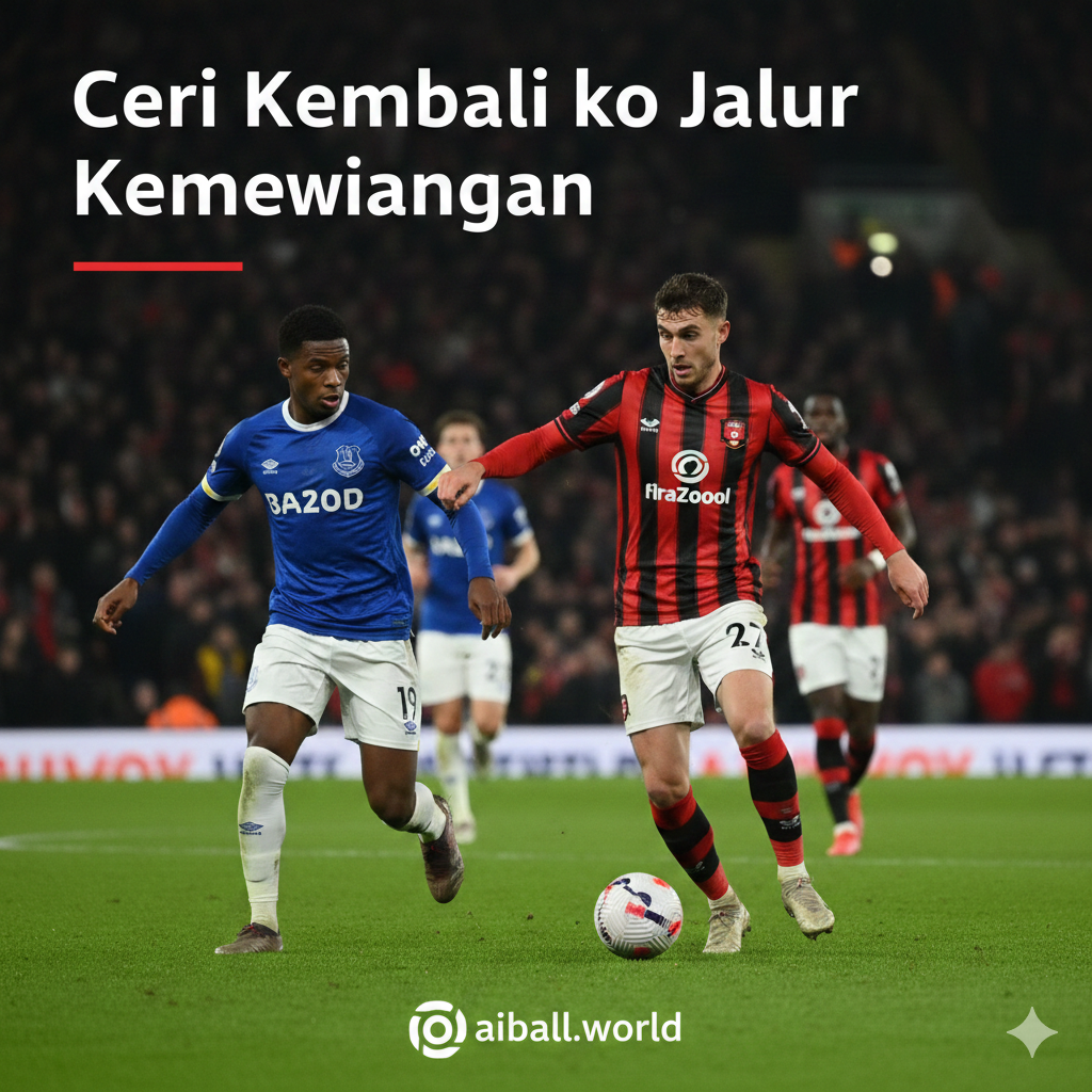 A dynamic high-action shot from a Premier League football match at Vitality Stadium. The scene features a Bournemouth player in a classic red and black striped kit skillfully dribbling the ball past an Everton defender in a royal blue jersey. The background shows a packed stadium with a vibrant atmosphere under bright stadium floodlights at night. The style is professional sports photography with a shallow depth of field, focusing sharply on the players. The color palette is dominated by intense red, deep blue, and lush green grass, creating a high-contrast and energetic visual for the article cover.