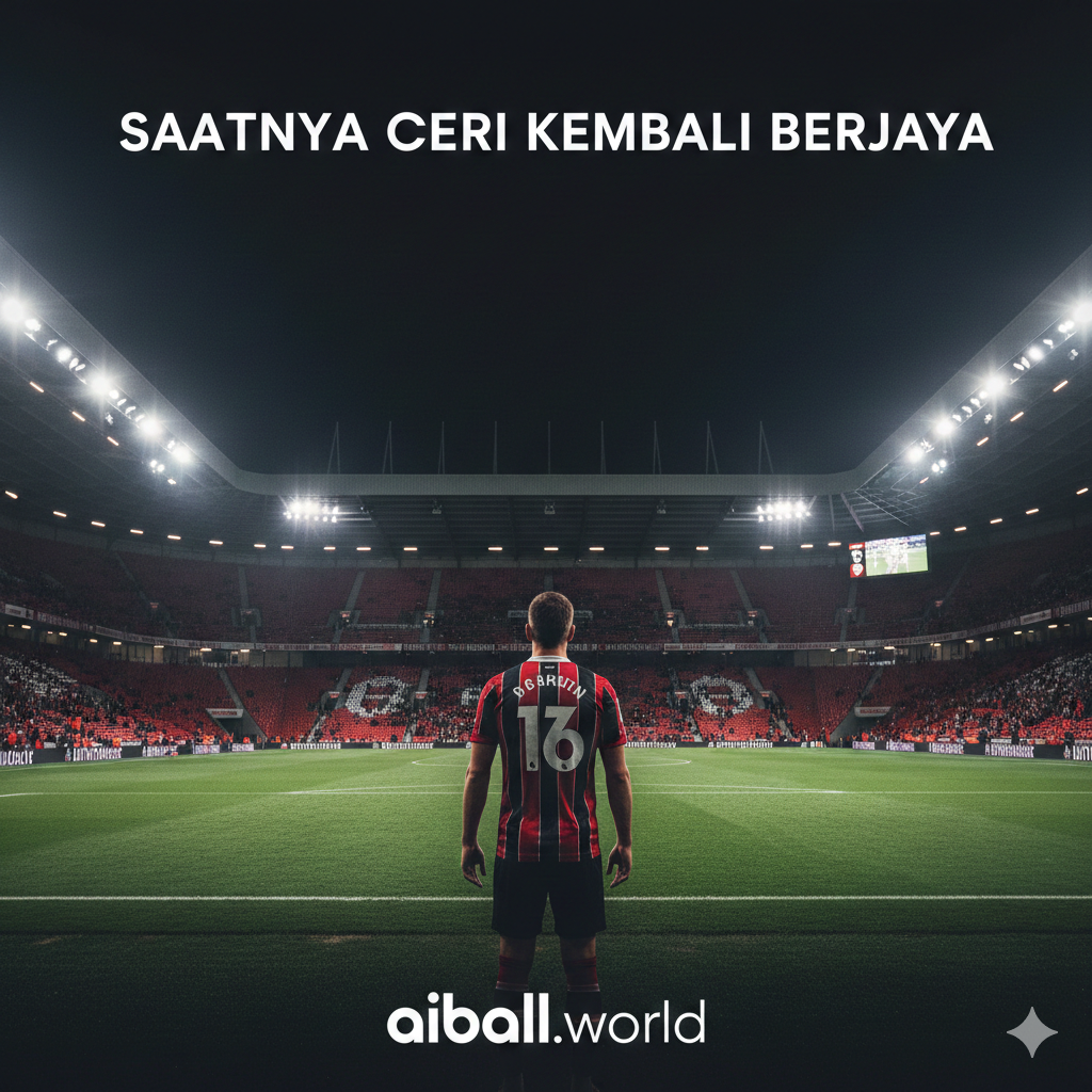 A high-energy cinematic shot of the Vitality Stadium under bright stadium lights at night. In the foreground, a prominent red and black Bournemouth football jersey is seen from the back, overlooking the lush green pitch. The atmosphere is electric with a slight motion blur of fans in the stands. The color palette features deep reds, blacks, and vibrant green, with a modern sports broadcast aesthetic and dramatic lighting that emphasizes the 'Cherries' home advantage.