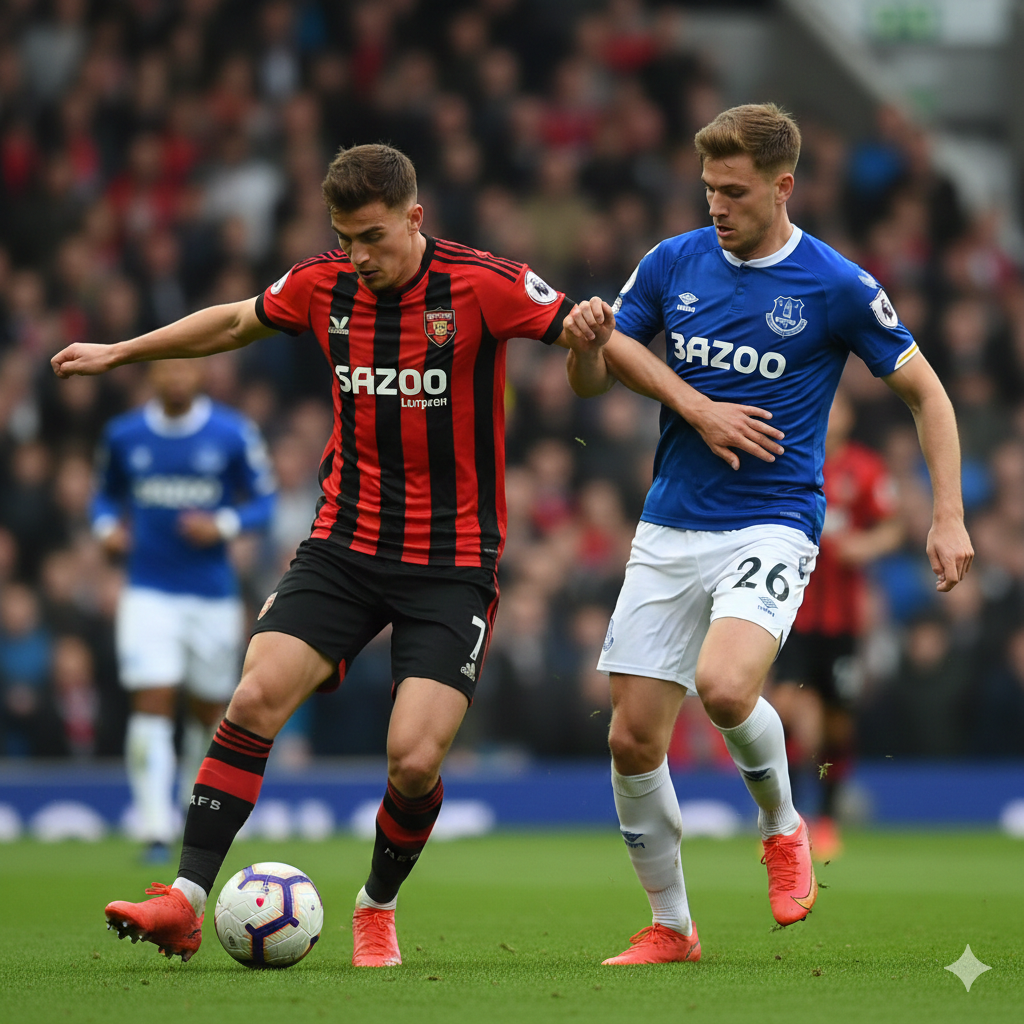 A dynamic action composition showing two professional football players in a fierce duel for the ball. One player wears the red and black striped Bournemouth kit, the other wears the royal blue Everton kit. The style is high-shutter speed sports photography, capturing beads of sweat and grass turf flying. The background is a blurred stadium crowd, focusing all attention on the physical intensity of the match. Sharp focus, natural daylight, and vivid colors to highlight the competitive nature of the Premier League.
