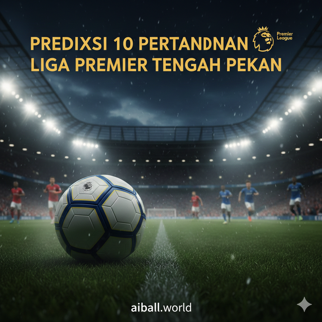 A dynamic wide-angle shot of a modern English football stadium at night under bright floodlights. In the foreground, a professional football with the classic Premier League style sits on the lush green grass, with mist or light rain catching the light to create an intense atmosphere. In the background, blurred silhouettes of players in red, blue, and white kits represent the variety of teams competing. The color palette is dominated by deep stadium greens, cool night blues, and vibrant gold highlights from the lights, evoking the high-stakes energy of a midweek matchday.