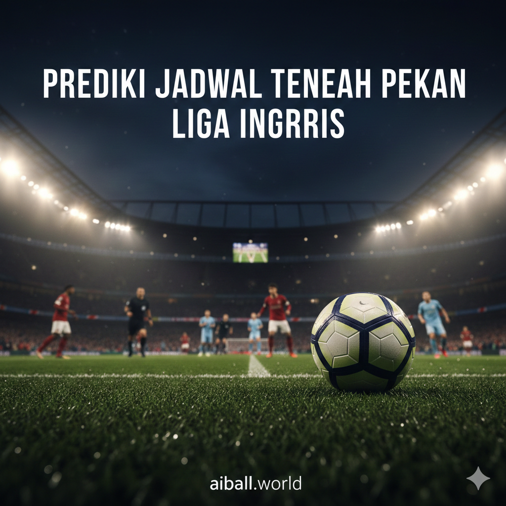 Sebuah pemandangan sinematik stadion sepak bola Inggris yang megah di malam hari di bawah sorotan lampu stadion yang terang. Di latar depan, terdapat bola sepak modern yang diletakkan di atas rumput hijau yang basah terkena embun, menciptakan pantulan cahaya. Di latar belakang, terlihat siluet buram pemain dari berbagai klub Liga Inggris seperti Arsenal, Man City, dan Liverpool yang sedang bertanding. Atmosfernya penuh energi dengan palet warna biru tua, hijau rumput yang kontras, dan cahaya putih keemasan dari lampu stadion, menggunakan sudut pandang rendah (low angle) untuk memberikan kesan dramatis dan prestisius.