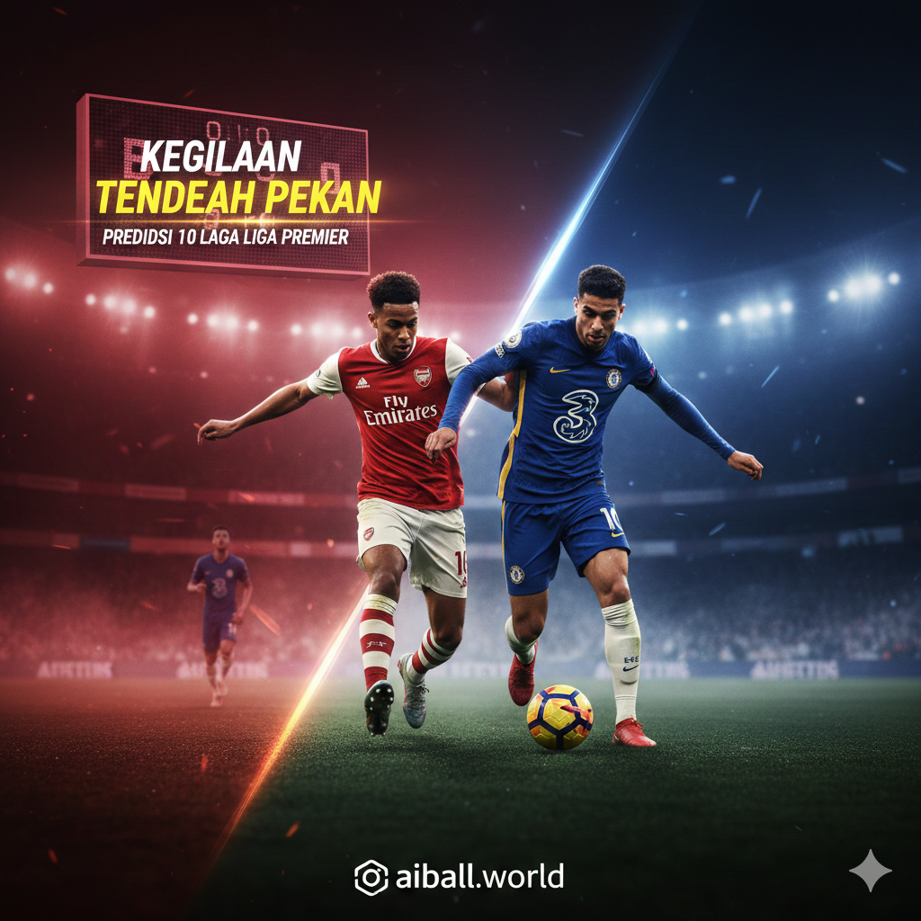 Ilustrasi grafis bergaya modern yang menampilkan persaingan papan atas Liga Inggris, khususnya menonjolkan elemen warna merah khas Arsenal dan biru Chelsea. Gambar menunjukkan papan skor digital stadion yang menampilkan teks 'Midweek Madness' dengan latar belakang aksi duel perebutan bola antara dua pemain di lapangan yang diselimuti kabut tipis. Pencahayaannya dramatis dengan fokus tajam pada gerakan pemain, menggunakan komposisi rule of thirds untuk menciptakan dinamika visual. Warna-warna yang digunakan sangat hidup dan tajam, memberikan kesan intensitas kompetisi yang tinggi.