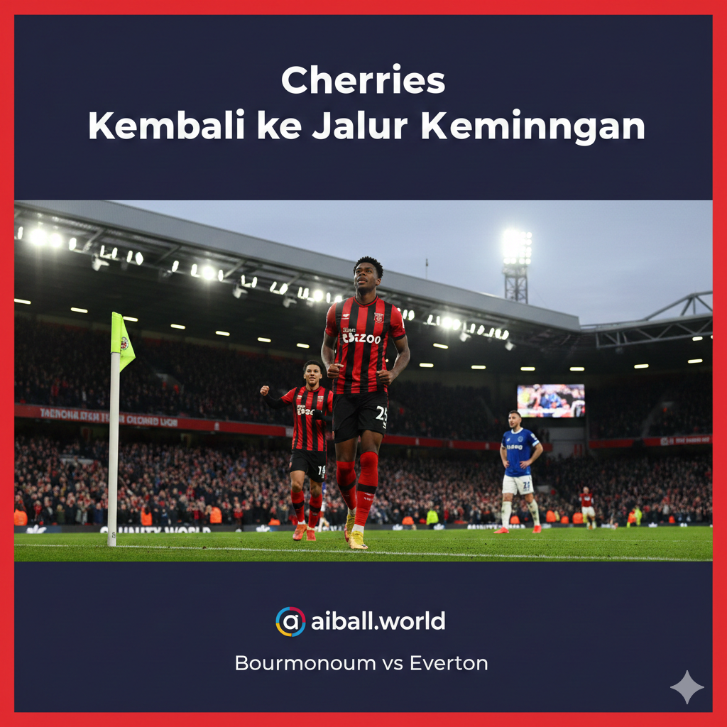 A high-action cinematic wide shot of a football match between Bournemouth (in red and black stripes) and Everton (in blue) at Vitality Stadium. The scene captures a Bournemouth striker celebrating a goal near the corner flag while the stadium crowd blurs in the background. The lighting is bright stadium floodlights against a dusk sky, with vibrant red and blue colors contrasting. The composition is dynamic, using a low-angle shot to emphasize the intensity and the professional Premier League atmosphere.