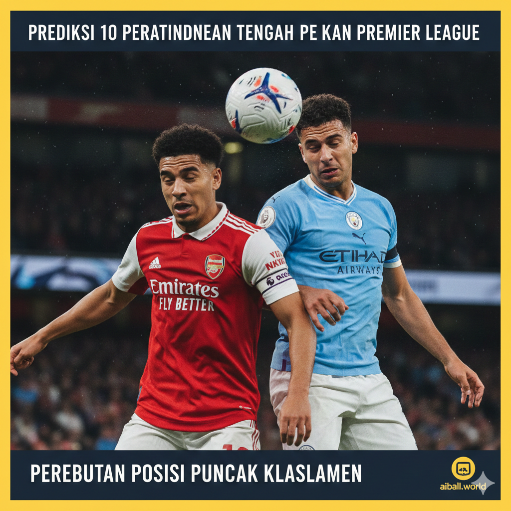 A high-action close-up focused on the tactical side of football, featuring two opposing players—one in a red kit similar to Arsenal or Liverpool, and another in a sky blue kit like Man City—vying for a header. The background shows a packed, roaring stadium with motion blur to emphasize speed. The lighting is dramatic, highlighting the sweat and determination on the players' faces. The composition follows the rule of thirds, with rich saturation and sharp details on the team crests and the textures of the jerseys.