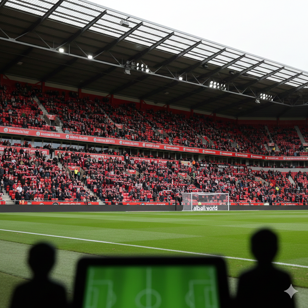 A wide-angle professional photograph of the Vitality Stadium interior during a match day. The composition shows the red and black seats of the stands filled with passionate fans holding scarves. In the foreground, a blurred silhouette of a tactical clipboard or a digital tablet displaying football formations adds a professional analytical feel. The color palette is dominated by Bournemouth's red and black, contrasted with the bright green pitch. The image has a clean, journalistic style suitable for a sports news website like aiball.world.