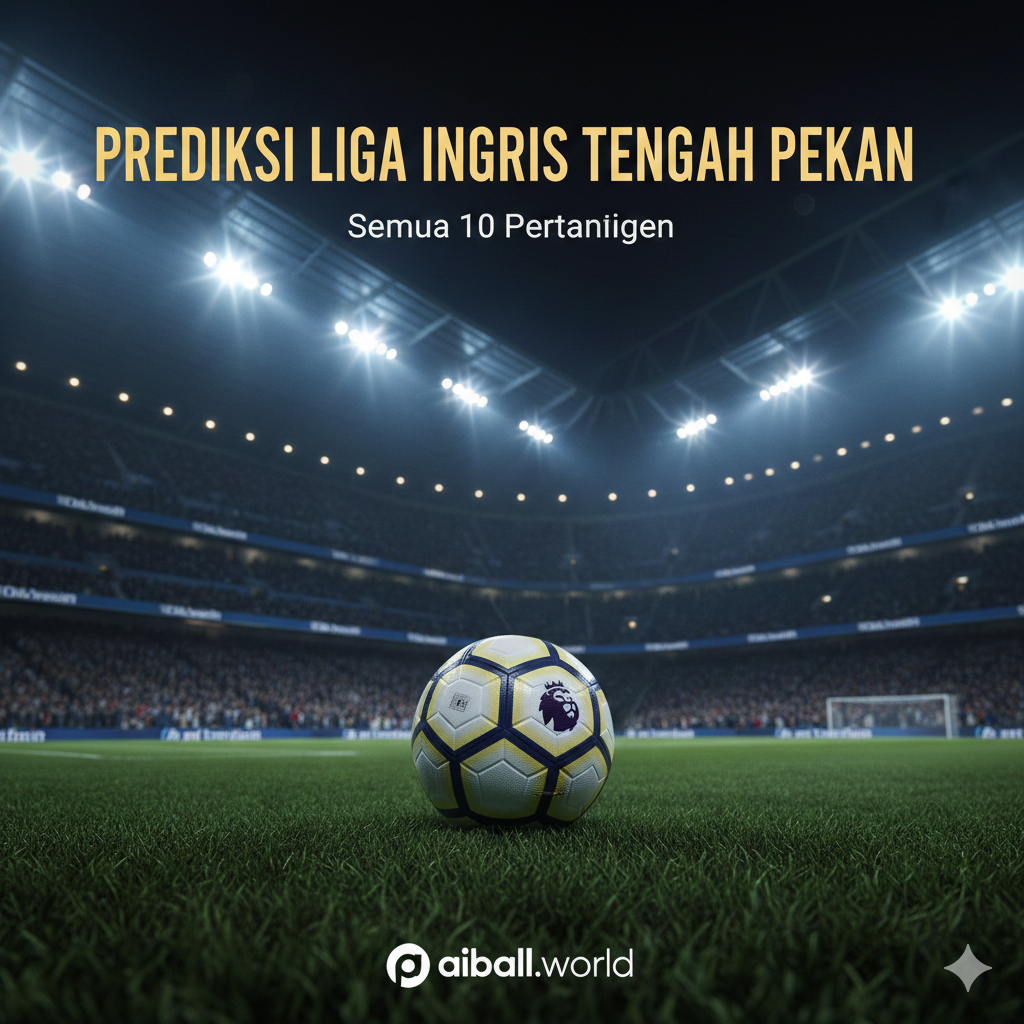 Sebuah gambar suasana stadion sepak bola modern yang megah di malam hari di bawah lampu sorot yang terang. Di tengah lapangan terdapat bola sepak dengan desain Premier League yang ikonik. Latar belakang menampilkan tribun penonton yang penuh sesak dengan efek gerakan kabur (motion blur) untuk menciptakan atmosfer pertandingan yang intens. Palet warna didominasi oleh biru elektrik dan emas dengan kontras tinggi, memberikan kesan prestisius dan penuh energi khas liga Inggris. Komposisi menggunakan sudut rendah (low angle) untuk menonjolkan kemegahan stadion dan fokus tajam pada bola di rumput hijau yang segar.