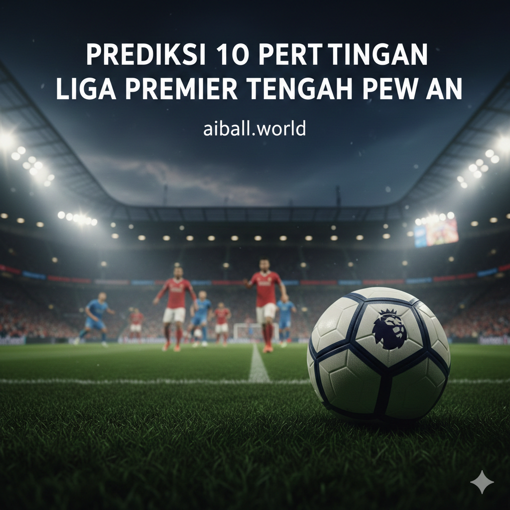 A dynamic high-angle cinematic shot of a modern Premier League stadium illuminated under bright floodlights at night. In the foreground, a professional football with the iconic Premier League logo sits on the lush green grass, with blurred players in red and blue kits battling in the background.