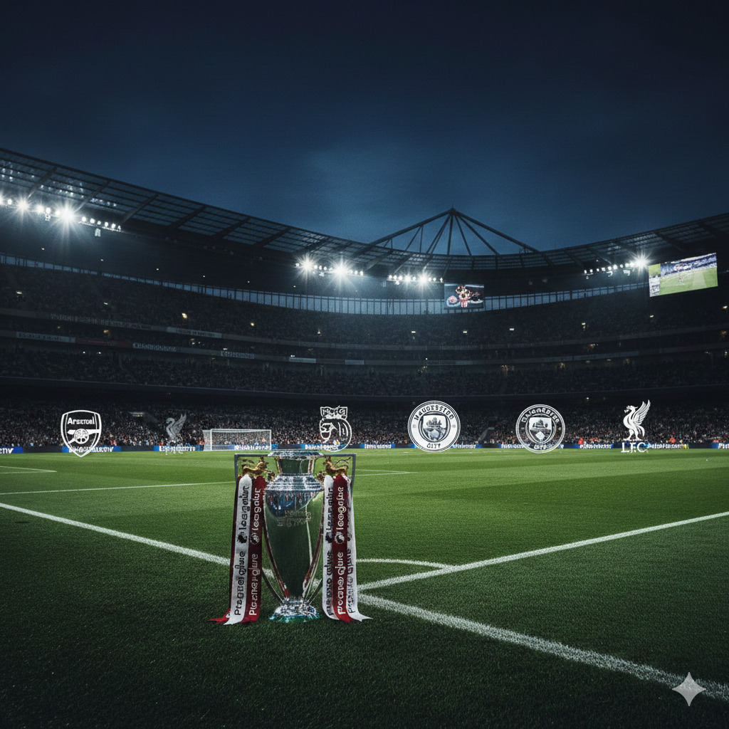 Pemandangan atmosferik stadion Premier League yang megah di malam hari di bawah lampu sorot yang terang. Di latar depan, terlihat trofi Premier League yang berkilau di pinggir lapangan hijau yang sempurna. Terdapat elemen grafis modern yang menampilkan logo klub besar seperti Arsenal, Manchester City, dan Liverpool yang melayang secara halus. Gaya visualnya sinematik dengan saturasi warna tinggi, dominasi warna biru malam dan hijau rumput, serta komposisi wide-angle yang memberikan kesan prestisius dan penuh antisipasi untuk pertandingan tengah pekan.