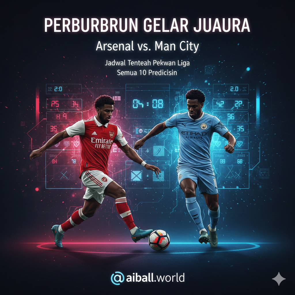 Ilustrasi persaingan gelar juara antara Arsenal dan Manchester City. Gambar menampilkan siluet pemain bintang dari kedua tim yang sedang beraksi dalam pertandingan sepak bola yang intens. Latar belakangnya berupa papan skor digital abstrak yang menunjukkan statistik pertandingan dan jadwal laga tengah pekan. Skema warna menggunakan kontras antara merah khas Arsenal dan biru langit Manchester City, dengan efek cahaya neon dan partikel energi untuk menciptakan kesan dinamis, modern, dan penuh tekanan kompetisi papan atas.