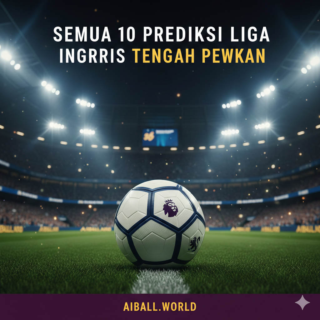 Pemandangan atmosfer stadion sepak bola modern yang megah di malam hari di Inggris, dengan lampu sorot yang terang benderang menciptakan efek dramatis. Di tengah lapangan, terdapat bola sepak resmi Premier League yang diposisikan secara dramatis di titik tengah. Latar belakangnya menampilkan kerumunan penonton yang meriah namun sedikit kabur (bokeh) dengan nuansa warna biru tua dan emas untuk memberikan kesan premium dan kompetitif. Gaya visualnya sangat realistis (fotorealistik) dengan sudut pandang rendah (low-angle shot) untuk memberikan kesan megah dan penuh antisipasi menjelang pertandingan besar.