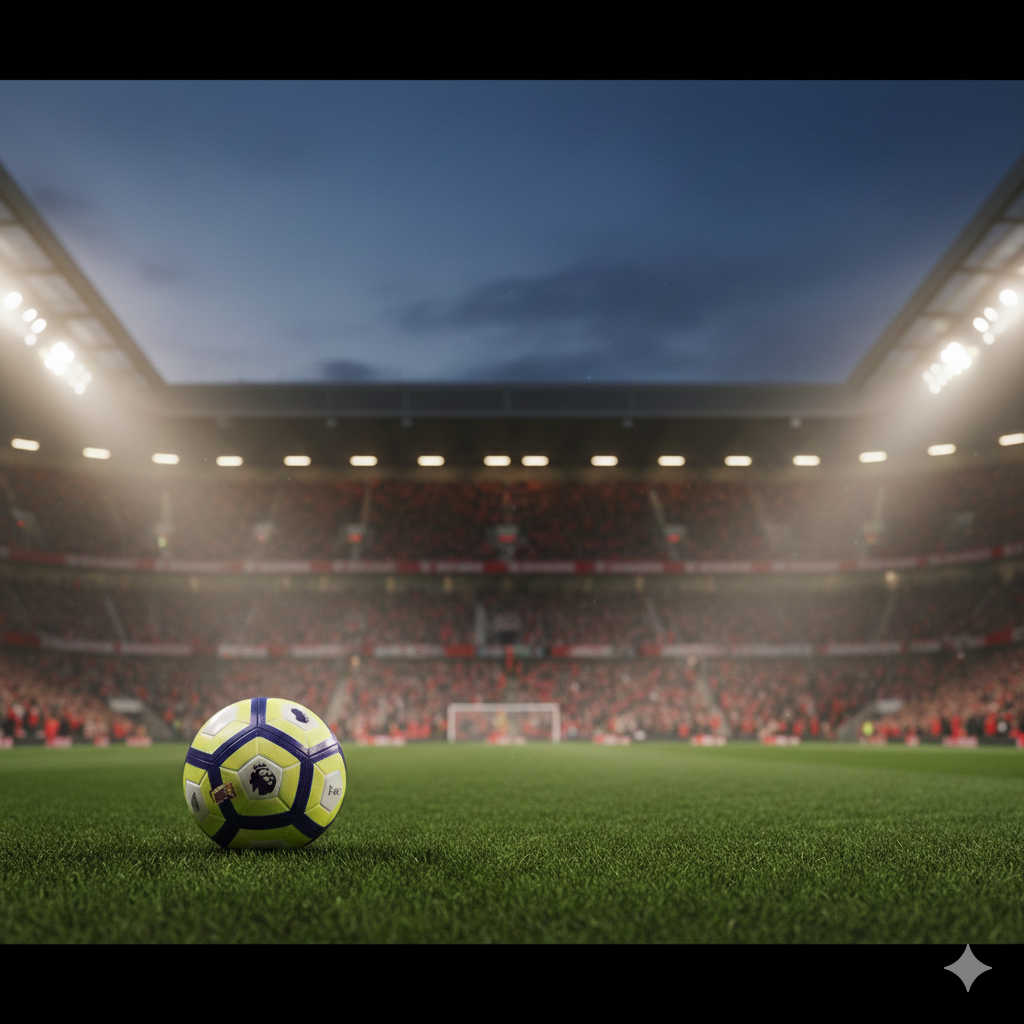 A high-energy cinematic shot of Vitality Stadium under bright stadium floodlights at night. In the foreground, a professional football with the Premier League logo sits on the lush green grass. The background shows the blurred stands filled with fans in red and black colors. The atmosphere is intense and dramatic, with a slight cinematic mist and cool blue night sky contrasting with the warm golden stadium lights. High-definition sports photography style with a shallow depth of field.