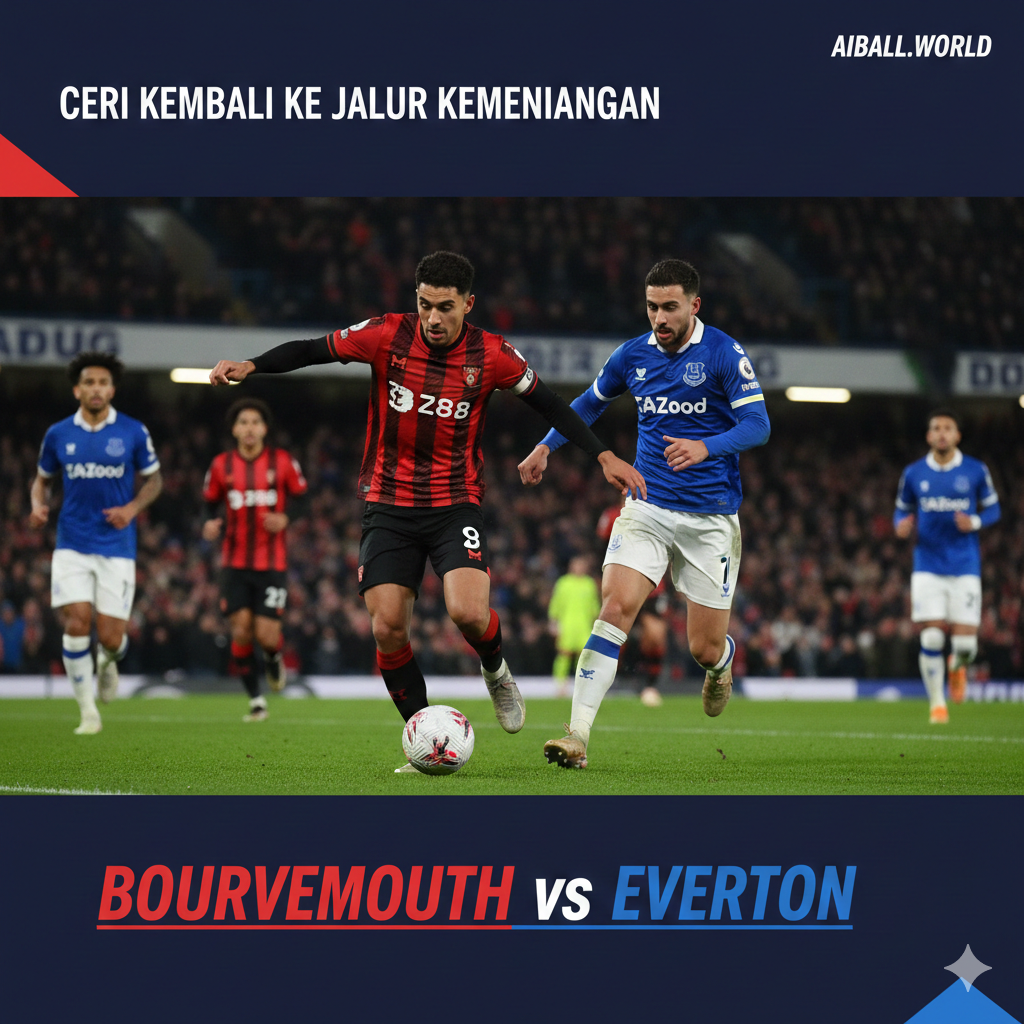 A high-action cinematic wide shot of a football match at Vitality Stadium under bright floodlights at night. In the foreground, a Bournemouth player in a red and black striped kit is seen in a dynamic pose, dribbling past an Everton player in a royal blue kit. The stadium stands are packed with cheering fans, creating a vibrant atmosphere. The color palette is dominated by intense reds and deep blues, with a sharp focus on the players and a slight motion blur in the background to emphasize speed and determination. The composition is professional sports photography style, capturing the tension of a Premier League clash.