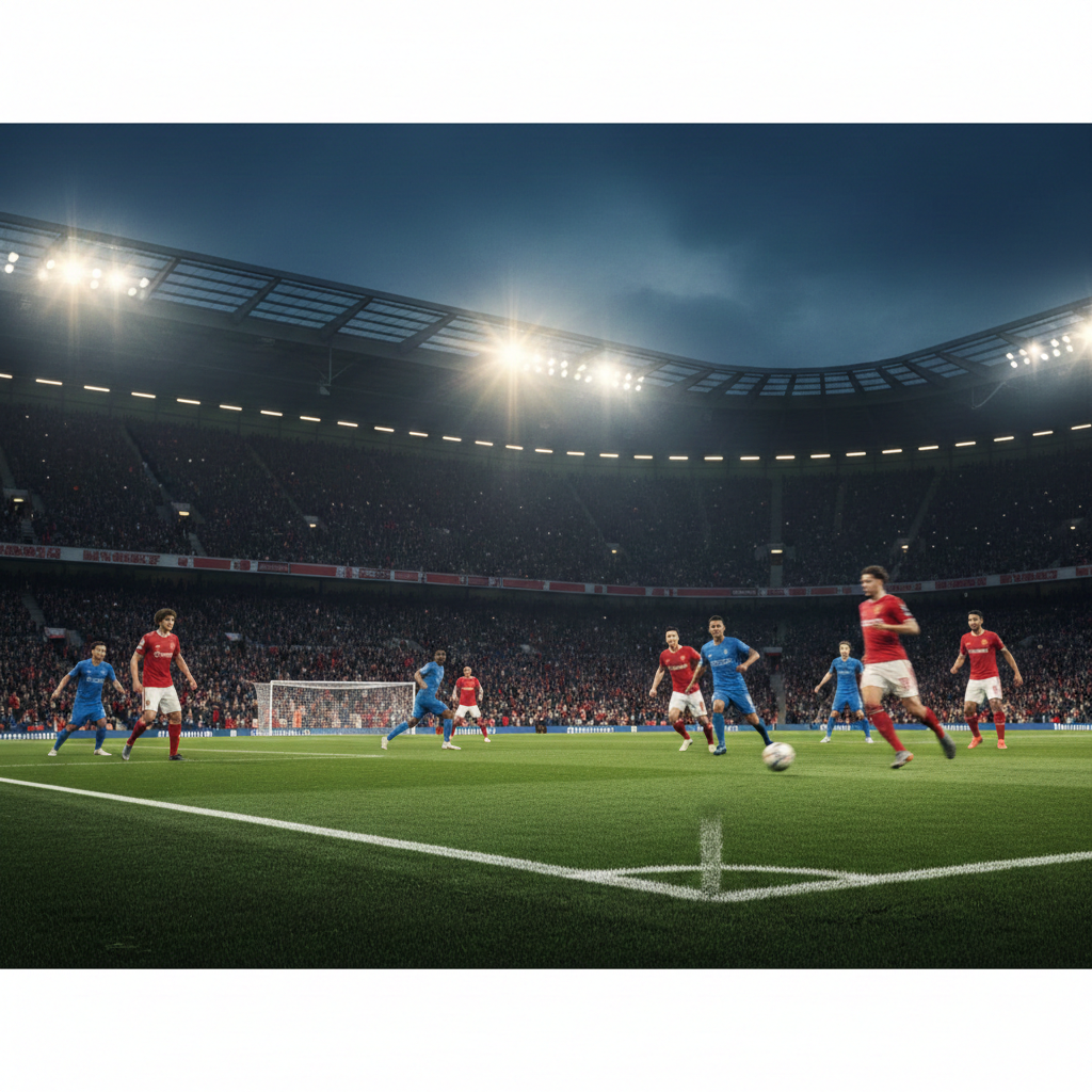 A dynamic high-angle shot of a modern English football stadium at night under bright floodlights. The scene captures the intense atmosphere of a Premier League midweek match with a blurred motion effect of players in red and blue kits competing for the ball. The grass is vibrant green with visible white chalk lines. In the background, the packed stands are filled with fans creating a sea of colors. The lighting is dramatic, with cool blue night tones contrasting with the warm, golden glow of the stadium lights. The composition is cinematic, focusing on the speed and energy of the game.