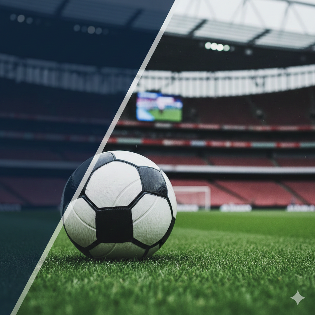 A professional sports graphic style image featuring elements representing top clubs like Arsenal, Man City, and Liverpool. The composition includes a close-up of a high-quality football resting on the turf, with blurred silhouettes of iconic stadium architecture in the distance. The color palette uses a sophisticated mix of deep navy, vibrant red, and metallic silver to reflect the premium nature of the Premier League. The framing is a low-angle shot, making the football and the pitch appear grand and significant, symbolizing the high stakes of the upcoming predictions and matches.