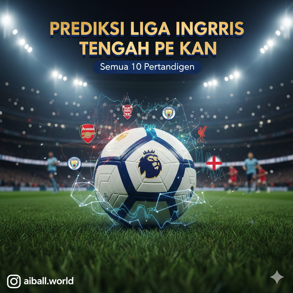 Pemandangan atmosferik Stadion Premier League di malam hari yang megah di bawah cahaya lampu sorot yang terang. Di tengah lapangan, terdapat bola sepak modern dengan logo Premier League yang mencolok, dikelilingi oleh grafis digital yang menampilkan bendera atau warna klub utama seperti Arsenal, Man City, dan Liverpool. Gaya visualnya adalah fotografi olahraga profesional yang tajam dengan sedikit efek motion blur di latar belakang untuk menciptakan kesan dinamis. Skema warna didominasi oleh biru tua malam hari, hijau rumput yang segar, dan aksen emas yang elegan untuk memberikan kesan premium dan kompetitif.