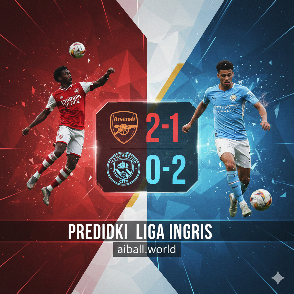 Sebuah komposisi visual yang membagi layar menjadi beberapa bagian, menampilkan siluet pemain kunci dari tim besar seperti Arsenal dan Manchester City dalam aksi heroik. Di latar belakang terdapat papan skor digital abstrak yang menunjukkan angka-angka prediksi pertandingan. Desainnya menggunakan gaya desain grafis olahraga modern dengan elemen garis-garis kecepatan (speed lines) dan percikan partikel cahaya. Warna yang digunakan adalah kontras antara merah Arsenal dan biru langit Manchester City, memberikan kesan persaingan sengit di papan atas klasemen. Komposisi terpusat dengan fokus pada intensitas persaingan liga.