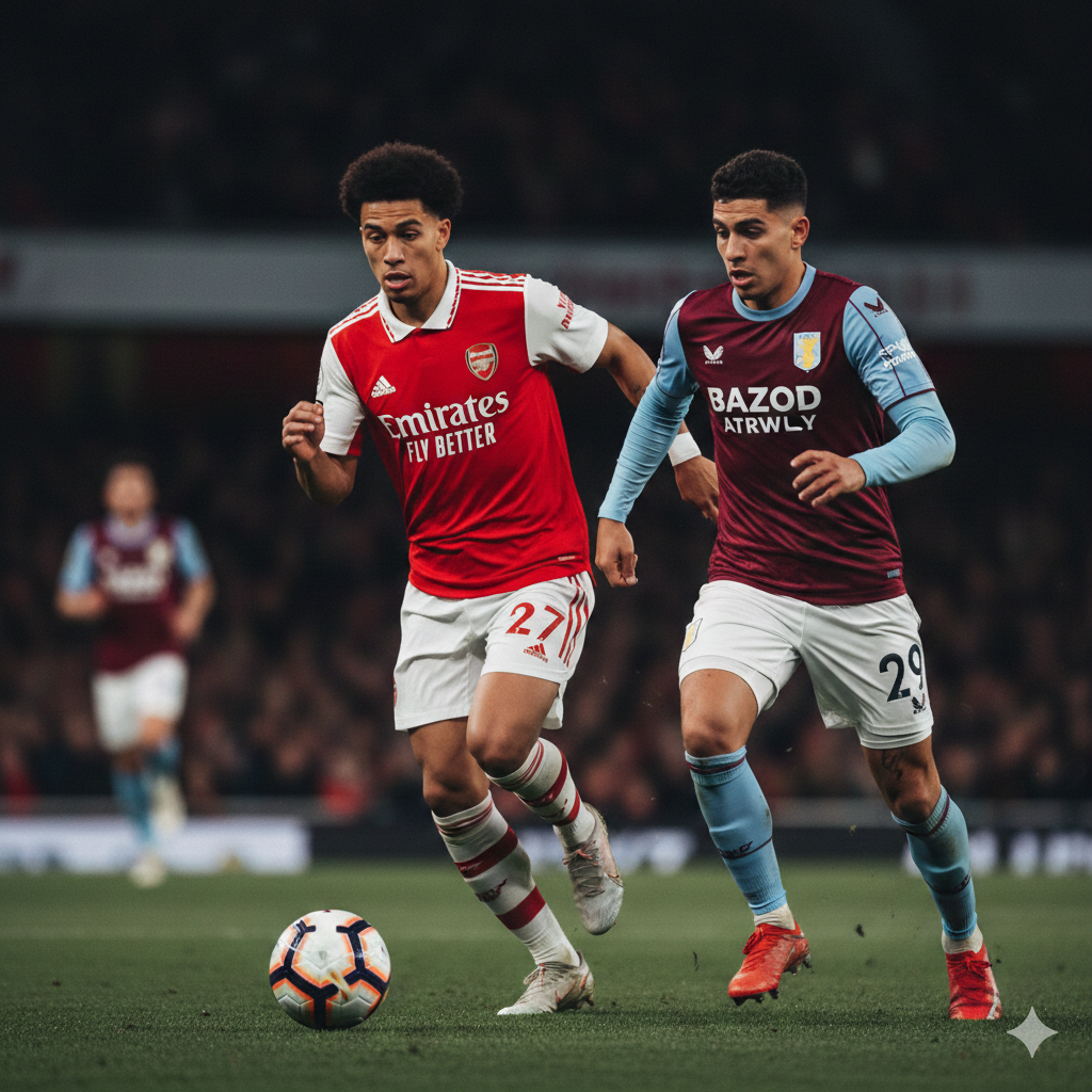 A close-up action scene capturing the intensity of a top-tier football match, symbolizing the battle for European spots. Two players in contrasting kits (one red/white like Arsenal, one claret/blue like Aston Villa) are shown mid-sprint, competing for the ball. The focus is sharp on the players' determined expressions and the movement of their feet. The background is a bokeh-blurred stadium interior. The lighting is dramatic and high-contrast, emphasizing the sweat and textures of the jerseys, with a warm and energetic color tone to reflect the 'hot form' mentioned in the article.