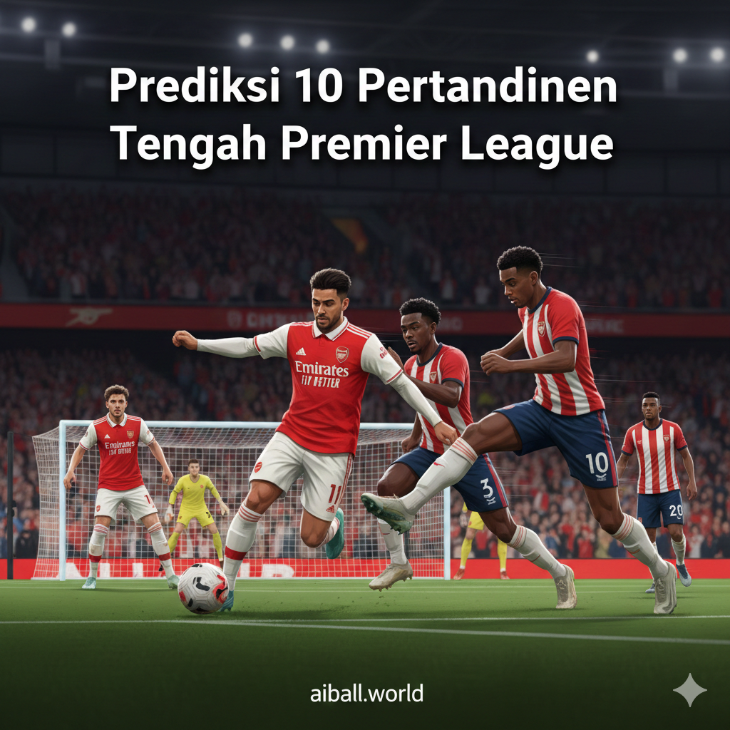 Ilustrasi aksi pertandingan sepak bola yang dinamis antara pemain dengan jersey merah-putih khas Arsenal dan pemain dengan jersey garis merah-putih Brentford. Fokus pada momen perebutan bola yang intens di depan gawang. Gaya visual menggunakan teknik motion blur untuk menunjukkan kecepatan, dengan pencahayaan dramatis yang menonjolkan ekspresi kompetitif para pemain. Warna didominasi oleh merah cerah dan putih, dengan latar belakang tribun penonton yang penuh sesak namun sedikit buram untuk menciptakan kedalaman ruang.