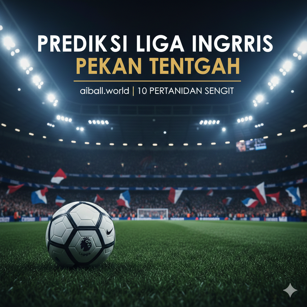 A high-energy cinematic wide shot of a modern Premier League stadium under bright floodlights during a night match. In the foreground, a professional football rests on the lush green grass with the Premier League logo visible. The background shows a blurred, packed stadium with fans waving flags in various team colors like red, blue, and white. The atmosphere is intense and electric, featuring a cool blue and dramatic gold color palette to signify a prestigious midweek fixture.