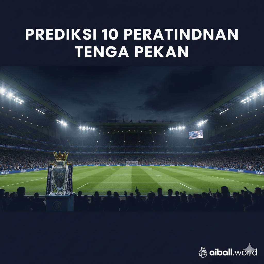 A wide-angle cinematic shot of a vibrant Premier League stadium during a night match. The bright stadium floodlights illuminate a lush green pitch under a dark evening sky. In the foreground, the Premier League trophy is subtly visible on a pedestal. The atmosphere is filled with a sense of anticipation and energy, featuring motion-blurred silhouettes of fans in the stands. The color palette is dominated by deep blues and vibrant greens, with gold accents from the trophy, creating a professional and prestigious sports broadcasting aesthetic.