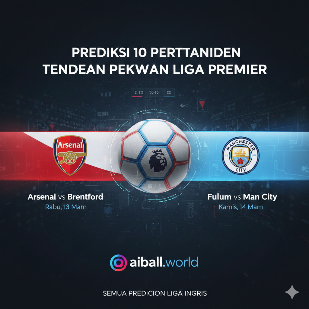 A conceptual split-screen composition representing the intense title race and midweek battles. One side features the iconic red and white colors of Arsenal, while the other side showcases the sky blue of Manchester City. The center of the image features a high-definition football with the official Premier League logo. The background includes digital data overlays and scoreboards hinting at the various matches like Fulham vs Man City and Arsenal vs Brentford. The style is modern, dynamic, and clean, utilizing a futuristic sports-tech graphic design with high contrast and sharp focus.