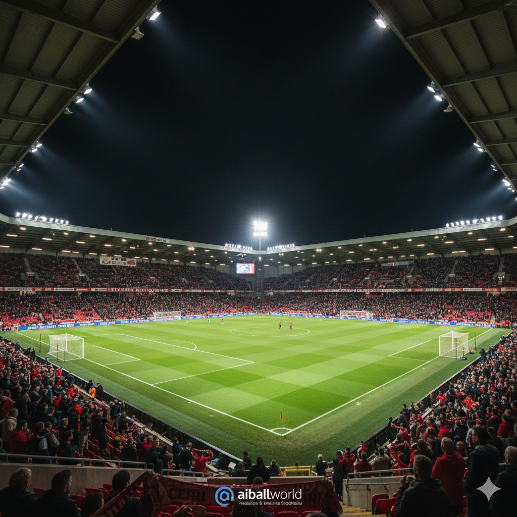 A wide-angle interior view of the Vitality Stadium during a match evening. The green pitch is perfectly manicured and illuminated by bright floodlights, creating a high-contrast visual with the dark evening sky. The red and black seats of the home stands are visible, filled with fans waving scarves. The composition is balanced and symmetrical, focusing on the tactical layout of the field. The style is professional architectural sports photography, using a cool color palette for the sky contrasted with the warm, intense glow of the stadium lights to evoke a sense of anticipation and professional competition.