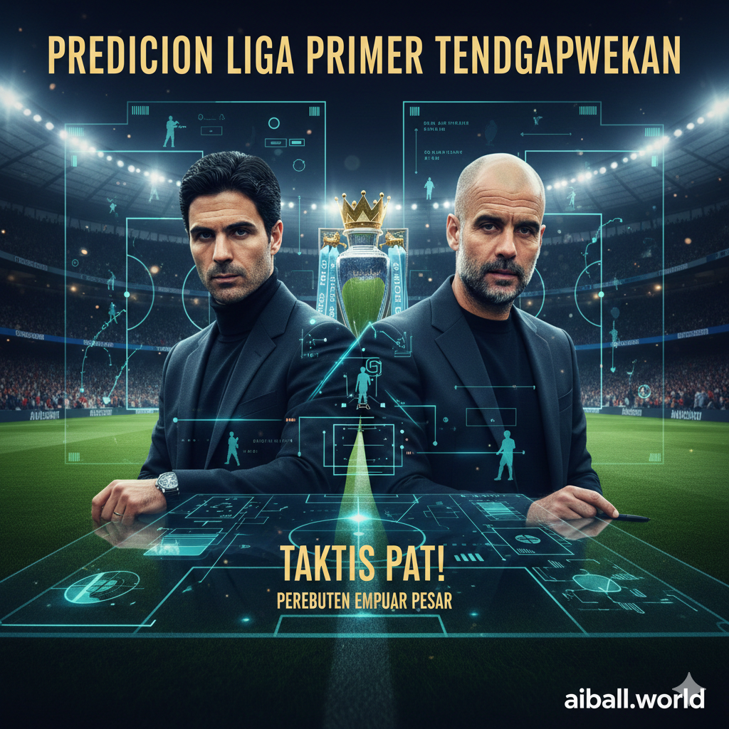 A professional sports broadcast style graphic representing a tactical battle between top Premier League managers. On one side, a conceptual depiction of Mikel Arteta and Pep Guardiola observing a digital tactical board overlaying a lush green pitch. The composition uses a split-screen effect or a layered design with glowing data visualizations, heat maps, and player silhouettes. The style is modern and high-tech, using a professional color scheme of dark navy, neon cyan, and gold. The focus is on the intensity of the top-four race, with the Premier League trophy subtly shimmering in the background bokeh to emphasize the stakes involved.