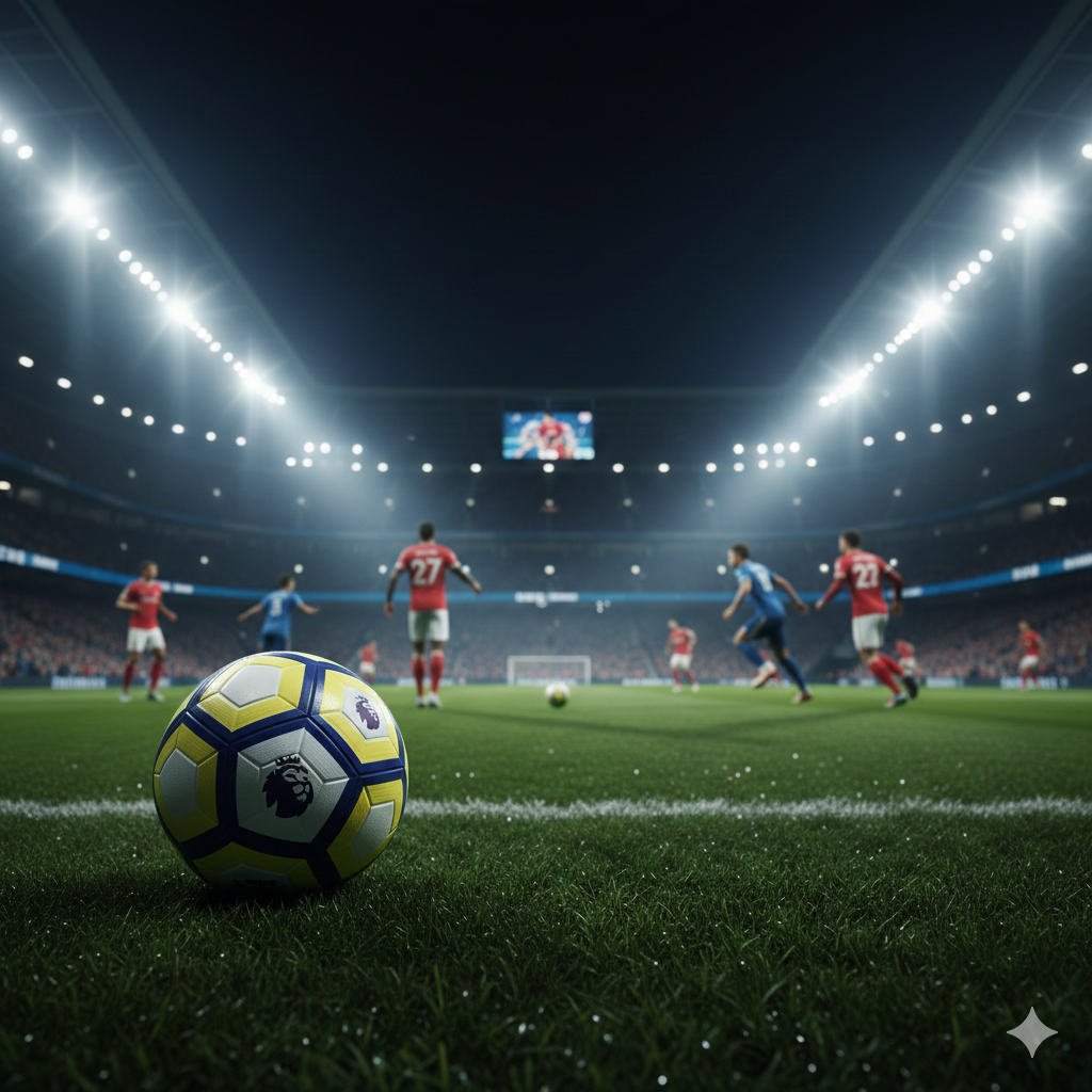 A high-energy cinematic wide shot of a modern Premier League stadium interior under floodlights at night. The foreground features a professional football with the iconic Premier League logo on grass dew. In the blurred background, silhouettes of players in red and blue kits are seen competing. The color palette is dominated by vibrant green grass, cool stadium blues, and bright white stadium lights, creating a high-stakes matchday atmosphere. Hyper-realistic style with a shallow depth of field.