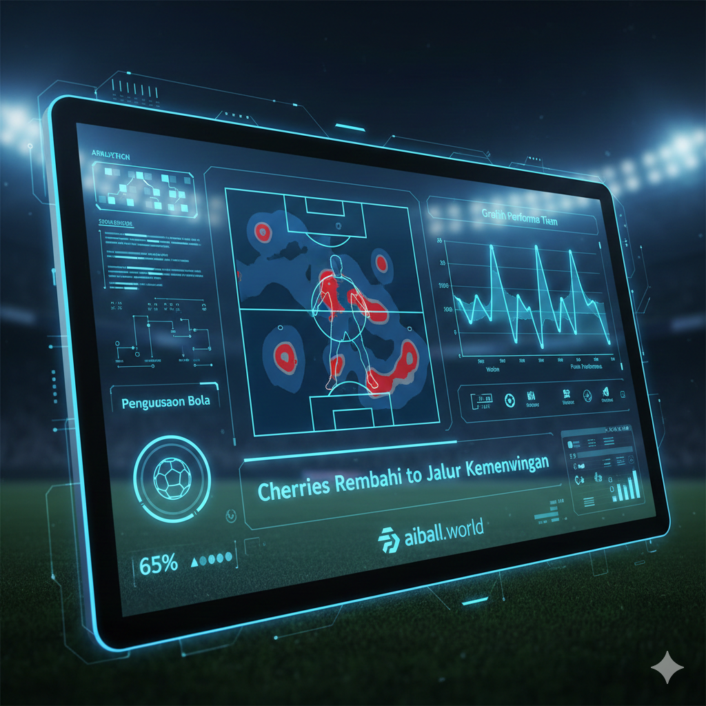 Ilustrasi close-up dari papan taktik digital atau layar tablet yang menampilkan statistik pertandingan sepak bola tingkat lanjut. Terlihat elemen visual seperti peta panas (heatmap) pemain, grafik performa tim, dan ikon bola. Pencahayaannya bernuansa teknologi tinggi dengan warna biru neon dan aksen putih, memberikan kesan profesional dan analitis sesuai dengan branding aiball.world sebagai pusat data sepak bola dunia yang komprehensif.