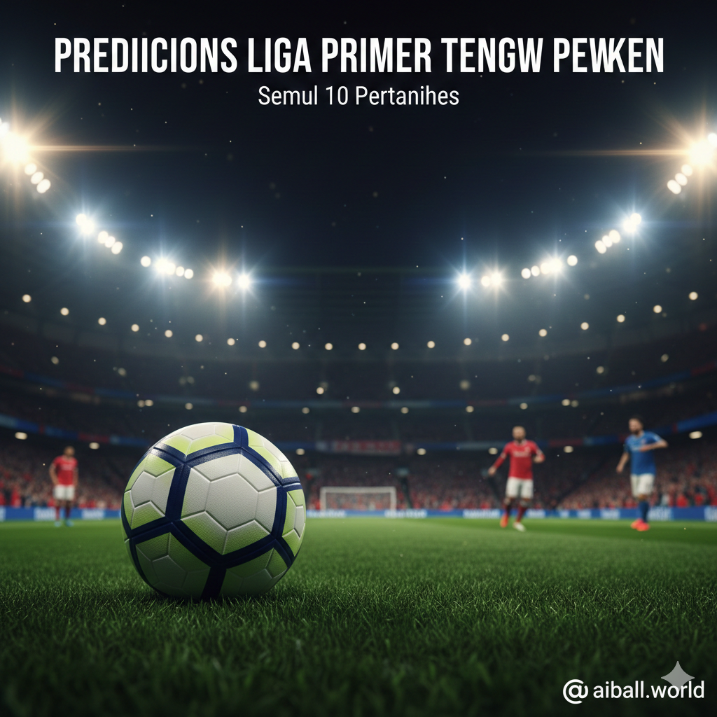 A high-energy cinematic wide shot of a modern English football stadium at night under bright floodlights. In the foreground, a professional football with the iconic Premier League pattern sits on the lush green grass. In the background, blurred silhouettes of passionate fans in red and blue jerseys create an intense atmosphere. The color palette features deep stadium greens, vibrant electric blues, and golden light flares. The composition is low-angle, focusing on the ball to symbolize the upcoming midweek matches, with a clean space at the top for potential text overlay.