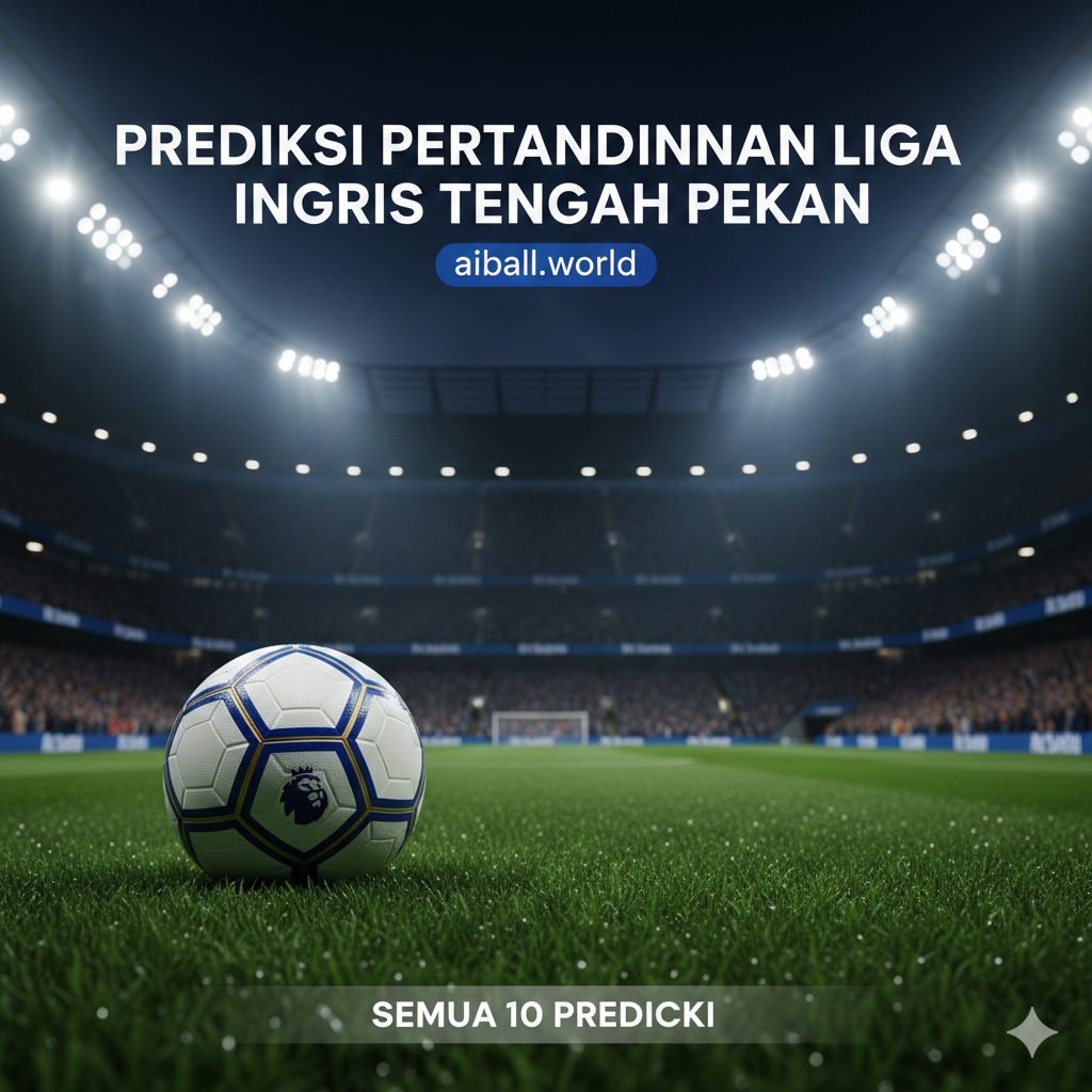 Pemandangan atmosferik stadion Premier League di malam hari yang megah di bawah cahaya lampu sorot yang terang. Di latar depan, terdapat bola sepak modern dengan logo Premier League yang diletakkan di atas rumput hijau yang dipotong sempurna dengan embun pagi. Di latar belakang, terlihat siluet buram dari stadion yang dipenuhi penonton, menciptakan nuansa kompetisi yang intens. Palet warna didominasi oleh biru tua, hijau rumput yang tajam, dan cahaya putih keemasan dari lampu stadion, memberikan kesan dramatis dan profesional khas siaran liga Inggris.